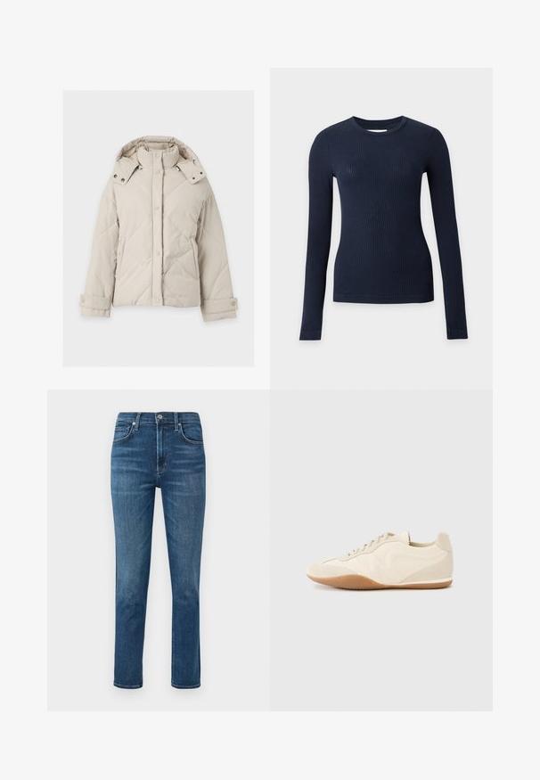 Beige gewatteerde winterjas met hoge kraag, drukknopen aan de voorkant, afneembare capuchon, zijzakken en verstelbare manchetten.; Marineblauwe geribde nauwsluitende trui met lange mouwen en ronde hals op een lichtgrijze achtergrond.; Donkerblauwe denim jeans met een rechte pijp, vijf zakken en een metalen knoop in de taille. Subtiele vervaging en stikseldetails.; Lichtbeige sneakers met een textuur van leer op het bovenwerk, getextureerde zijpanelen en een rubberen zool. Voorzien van een slank, gestroomlijnd ontwerp en platte veters.