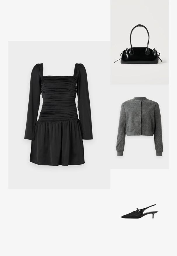 Chaqueta gris corta hecha de tejido texturizado, con un cuello redondo, botones a presión en el frente y puños acanalados.; Vestido negro con mangas largas, escote cuadrado y torso fruncido. Diseño de falda acampanada con tela recogida en la cintura. Textura suave.; Tacones negros tipo slingback con puntera puntiaguda, parte superior de malla texturizada, correa delgada ajustable con hebilla plateada y tacones de aguja de 5 cm.; Pequeño bolso negro brillante con dos asas largas y detalles de cordón lateral sobre un fondo claro liso.