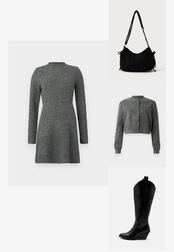 Chaqueta gris corta hecha de tejido texturizado, con un cuello redondo, botones a presión en el frente y puños acanalados.; Vestido de canalé hasta la rodilla en gris oscuro, con mangas largas y escote alto, fabricado en un suave tejido texturizado.; Bota de vaquero de cuero negro con punta puntiaguda, tacón bloqueado inclinado, costuras decorativas y lengüetas en la parte superior sobre fondo blanco.; Bolso de hombro de pana negra con forma curva, correa ajustable y cierres de cordón en ambos lados para ajustar el tamaño.