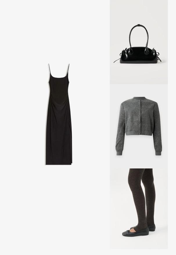 Veste grise cropped en tissu texturé, avec un col rond, des boutons-pression à l'avant et des poignets côtelés.; Robe maxi noire sans manches avec fines bretelles, côtés froncés et encolure carrée sur fond blanc.; Jambes portant des leggings côtelés foncés associés à des ballerines noires avec de petits détails en nœud sur fond blanc.; Petit sac à main noir brillant avec deux longues anses et des détails à cordon sur les côtés sur un fond clair uni.