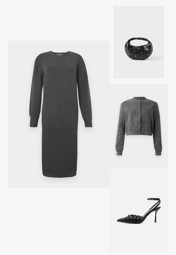 Grau gekürzte Jacke aus strukturiertem Stoff, mit Rundhalsausschnitt, vorderen Druckknöpfen und gerippten Manschetten.; Dunkelgraues Strickkleid mit langen Ärmeln, rundem Ausschnitt und gerippten Bündchen. Knielang und mit glatter Textur. Einfaches Design ohne Muster.; Schwarzer, spitzer High-Heel-Schuh mit geschwungenen Kanten, Metallösen, Schnürung vorne und Knöchelriemen mit Schnallverschluss.; Schwarze Lederhandtasche mit abgerundeter Form, verziert mit silbernen Nietenakzenten und kurzem Griff. Glatte Struktur und Reißverschlussverschluss.