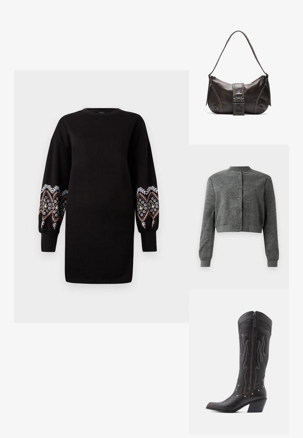 Grau gekürzte Jacke aus strukturiertem Stoff, mit Rundhalsausschnitt, vorderen Druckknöpfen und gerippten Manschetten.; Schwarzes Sweatkleid mit langen, bauschigen Ärmeln, die mit aufwändigen mehrfarbigen Stickereien an den Bündchen verziert sind. Weicher Stoff, Rundhalsausschnitt.; Braune Cowboy-Stiefel aus Leder mit Flammenstickerei, seitlichem Reißverschluss, silbernen Nieten, spitzer Zehenpartie und geschichtetem Absatz.; Braune Lederumhängetasche mit gebogener Form, die mit einem auffälligen Schnallendetail, kontrastierenden Nähten und einem einzigen Schulterriemen ausgestattet ist.