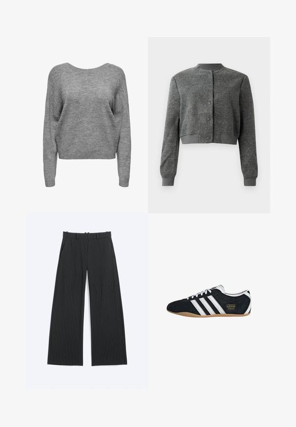 Veste grise cropped en tissu texturé, avec un col rond, des boutons-pression à l'avant et des poignets côtelés.; Pull en maille gris doux avec manches longues, encolure ronde, et poignets et ourlet côtelés, présenté de face sur un fond blanc.; Pantalon large noir à fines rayures blanches, avec passants de ceinture, poches avant et fermeture avant dissimulée.; Sneakers en suede noir avec trois bandes blanches, logo doré et semelle en caoutchouc marron. Présente un design à lacets à profil bas.