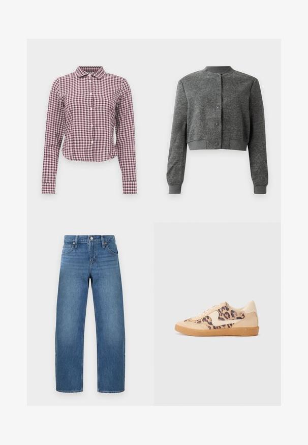 Chaqueta gris corta hecha de tejido texturizado, con un cuello redondo, botones a presión en el frente y puños acanalados.; Camisa de botonadura de manga larga en un patrón de cuadros rosa y morado. Presenta un cuello, un dobladillo curvado y una textura de tejido suave.; Vaqueros azules de corte recto con cierre de botón y cremallera, bolsillos delanteros y traseros, mostrados sobre un fondo claro y liso.; Zapatillas de leopardo con parte superior de ante beige, suela de goma marrón y acentos blancos. Punta redonda y diseño con cordones con un acabado texturado.