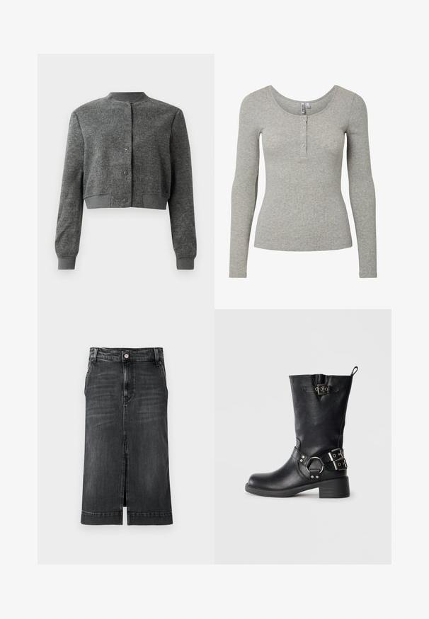Grijze cropped jas van textuurstof, met een ronde halslijn, voorste drukknoopsluiting en geribde mouwen.; Lichtgrijs geribd shirt met lange mouwen, ronde halslijn en een knoopsluiting met vier knopen, aansluitende pasvorm en zachte gebreide stof.; Donkerdenim rok met een rechte snit, knielang, met een split aan de voorkant en een klassiek vijf-pocket ontwerp. Heeft een knoopsluiting en riemlussen.; Zwarte leren kniehoog laars met een ronde neus, een lage hak, zijgespen als accent en een treklus achteraan.