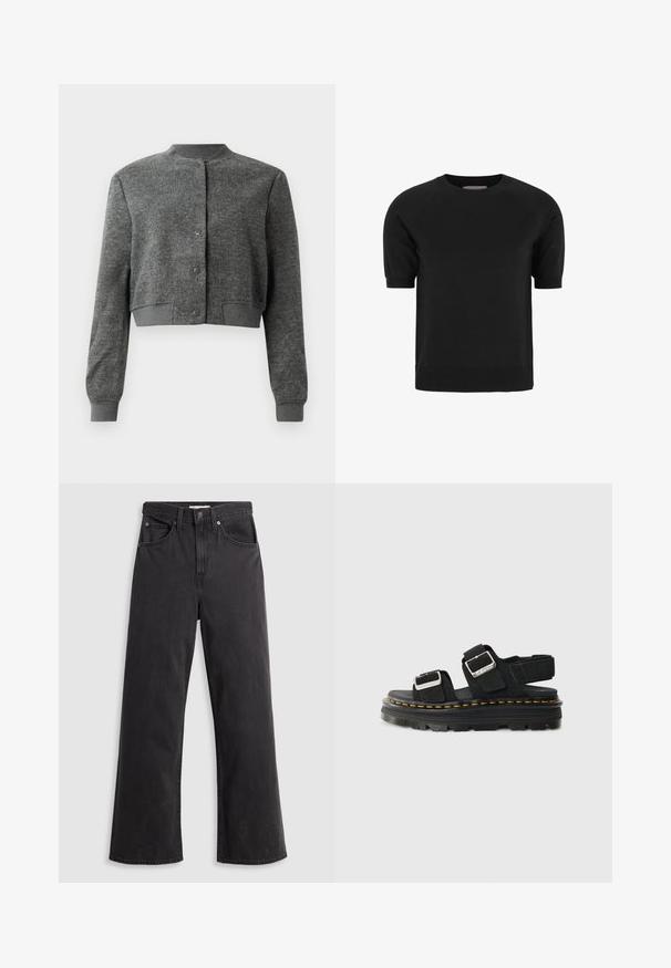 Chaqueta gris corta hecha de tejido texturizado, con un cuello redondo, botones a presión en el frente y puños acanalados.; Suéter negro de manga corta con cuello redondo, puños y dobladillo acanalados. Hecho de material suave, con un diseño simple y limpio.; Jeans de mezclilla negra de pierna ancha con cintura alta, cinco bolsillos y cierre de botón metálico. La tela tiene una textura suave y ligeramente desvaída.; Sandalia negra con dos correas ajustables y hebillas metálicas. Suela gruesa de plataforma negra con detalle de costura amarilla. Material de ante.