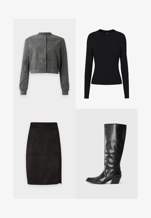 Chaqueta gris corta hecha de tejido texturizado, con un cuello redondo, botones a presión en el frente y puños acanalados.; Camiseta ajustada de mujer de manga larga negra con escote redondo, tela lisa y sin patrones o adornos visibles.; Falda lápiz de ante negro con corte recto, ligera abertura lateral y textura suave. Cintura sencilla y líneas de diseño limpias.; Bota de cuero negra hasta la rodilla con punta afilada, tacón angular y textura suave. Presenta un sutil acento de costura a lo largo del costado.