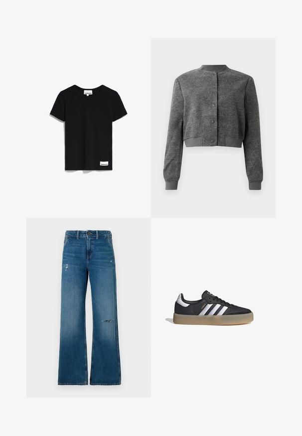 Chaqueta gris corta hecha de tejido texturizado, con un cuello redondo, botones a presión en el frente y puños acanalados.; Camiseta de manga corta negra hecha de suave tela de algodón. Presenta un cuello redondo y una pequeña etiqueta en la parte inferior con el texto "ARMEDANGELS".; Jeans de mezclilla azul de piernas anchas con una textura desgastada, que presentan dos áreas desgastadas en la parte frontal, un cierre de botón y diseño de cinco bolsillos.; Zapatilla deportiva de cuero negro con tres rayas plateadas, punta texturizada y suela de goma. Cuenta con un collar acolchado y un diseño con cordones.