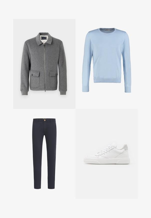 Grau melierte Wollmischung Jacke mit Reißverschluss vorne, einem Kragen, zwei Fronttaschen, gerippten Bündchen und einem glatten Innenfutter.; Helles blauer Langarm-Pullover mit Rundhalsausschnitt. Hat eine glatte Textur und gerippte Bündchen und Saum. Klassisches, körpernahes Design.; Marineblaue Hosen aus glattem Stoff, mit regulärer Passform, Fünf-Taschen-Design und einer vorderen Knopfschließe.; Weiße Leder-Sneaker mit glatter Oberfläche, rundem Zehenbereich, flachen Schnürsenkeln und strukturiertem Schuhsohlen. Graues Wildleder-Detail an der Ferse.