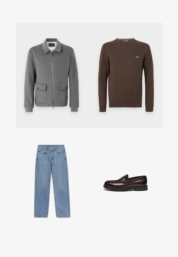 Veste en mélange de laine grise avec fermeture éclair à l'avant, col, deux poches avant, poignets côtelés et doublure intérieure lisse.; Pull marron tricoté avec un col rond, des manches longues, des poignets et un ourlet côtelés. Présente un petit logo brodé sur la poitrine.; Jeans en denim bleu clair avec une coupe droite, cinq poches et un délavage subtil. Comprend un bouton-pression et des détails de couture le long des coutures.; Mocassins en cuir marron avec un accent en daim, bout rond et semelle en caoutchouc texturé. Dotés de détails cousus et d'un léger talon.