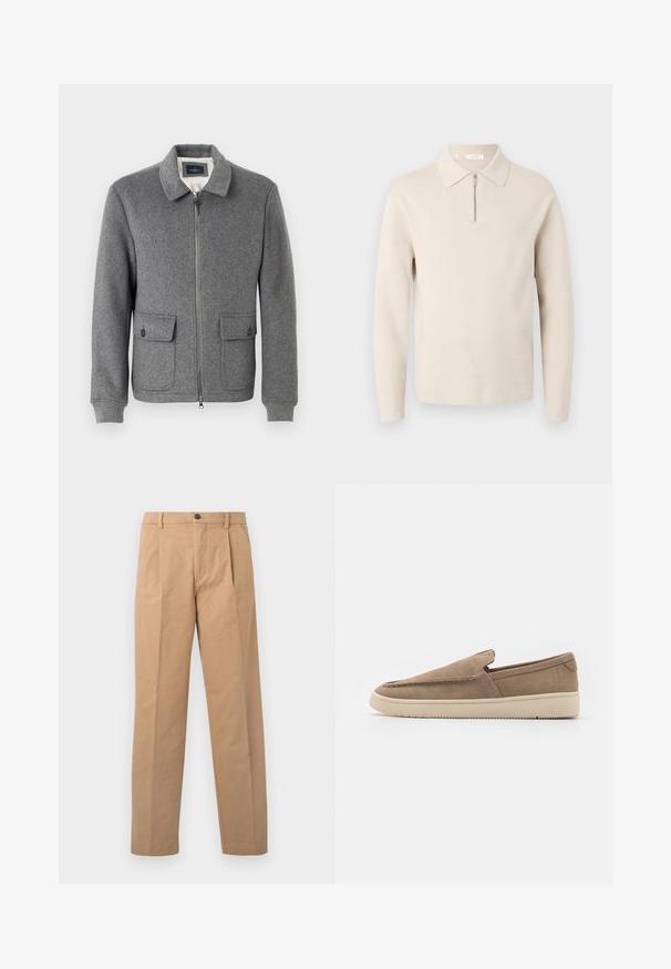 Grå uldblandingsjakke med lynlås foran, krave, to forlommer, ribbede manchetter og en glat indvendig foring.; Beige langærmet sweater med krave og en kort lynlås foran, vist på hvid baggrund.; Khaki bukser med lige ben-design, lavet af bomuldsstof; har en enkelt knaplukning og to frontfolder.; Slip-on sko lavet af taupe ruskind, der har en glat overflade, minimalistisk design og en beige gummisål med subtile friktionsdetaljer.