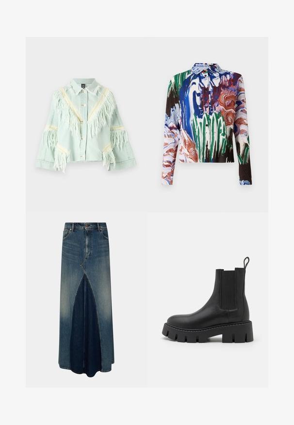 Ksenia Schnaider COWBOY JACKET WITH VINTAGE EFFECT - Τζιν μπουφάν - vintage blue; Henrik Vibskov SLOPE - Πουκαμίσα με κουμπιά - multi coloured; Μπλε τζιν μάξι φούστα με μπροστινή αντίστροφη πτυχής, θηλιές ζώνης, κουμπί και φερμουάρ, και ξεθωριασμένη λεπτομέρεια.; Μαύρη δερμάτινη μπότες μέχρι τον αστράγαλο με ελαστικές πλευρικές επενδύσεις, χοντρή υφασμένη σόλα και θηλιά στο πίσω μέρος για εύκολη φόρεση.