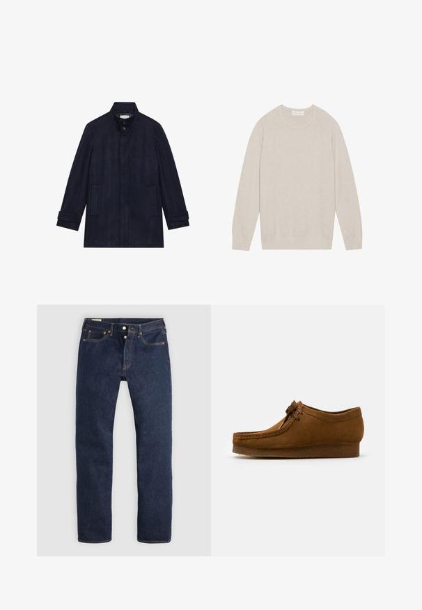 Dunkelblauer Wollmantel für Herren mit hohem Kragen, zwei Knöpfen am Hals, langen Ärmeln und zwei Seitentaschen.; Hellbeige Pullover-Sweater, gestrickte Textur, gerippte Bündchen und Saum, klassischer Rundhalsausschnitt, Raglanärmel, schlichtes Design ohne Muster.; Dunkelblaue Jeans mit geradem Bein, Knopfleiste, Vorder- und Gesäßtaschen sowie kontrastierender Naht, flach auf hellem Hintergrund liegend.; Braune Wildlederschuhe mit runder Spitze und niedrigem Absatz, mit detaillierten Nähten entlang der Nähte und einer Schnürung auf der Vorderseite. Weiche Textur mit schlankem Design.