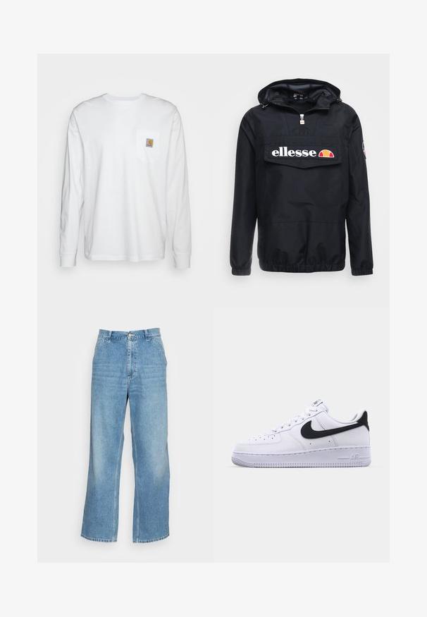 Cazadora negra con capucha, que incluye un cierre frontal y un gran bolsillo. Logotipo de "ellesse" exhibido de manera prominente. Puños y dobladillo elásticos.; Camisa blanca de manga larga hecha de algodón, con un bolsillo en el pecho que lleva un parche de logo cuadrado. Diseño sencillo con escote redondeado y mangas con puños.; Vaqueros de pierna ancha de color azul claro, confeccionados en denim. Presentan una cintura alta, cierre de botón y un diseño estándar de cinco bolsillos. Textura suave.; Zapatilla blanca de cuero con un Swoosh negro texturizado, cordones planos y una suela de goma con un patrón estriado. "AIR" está grabado en el talón.