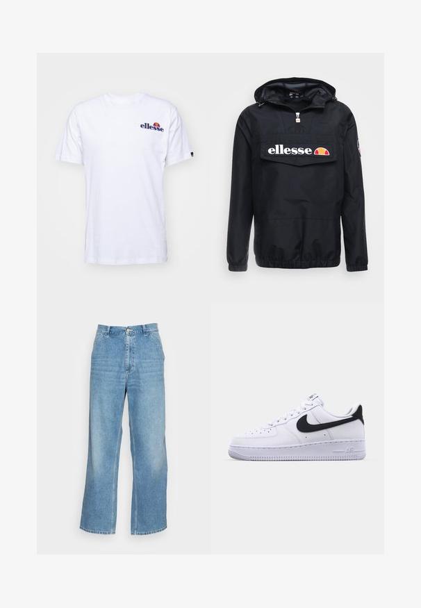 Zwarte windjack met capuchon, voorzien van een rits aan de voorkant en een grote zak. Het "ellesse" logo is prominent aanwezig. Elastische manchetten en zoom.; Witte katoenen T-shirt met korte mouwen, voorzien van een marineblauw geborduurd logo op de linkerborst en een levendige kleurenaccent boven het logo.; Lichtblauwe wijde jeans gemaakt van denim. Heeft een hoge taille, knoopsluiting en een standaard vijf-pocket ontwerp. Gladde textuur.; Witte leren sneaker met een gestructureerde zwarte Swoosh, platte veters en een rubberen zool met een geribbeld patroon. "AIR" is in de hak geperst.