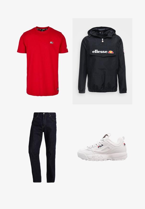 Schwarze Windjacke mit Kapuze, ausgestattet mit einem Reißverschluss vorne und einer großen Tasche. Das "ellesse"-Logo ist prominent angebracht. Elastische Bündchen und Saum.; Rotes Baumwoll-T-Shirt mit Rundhalsausschnitt, kurzen Ärmeln und einem kleinen schwarzen Logo auf der linken Brust und dem Ärmel. Glatte, einfarbige Stoffqualität.; Dunkelblaue Jeans aus Denim mit geradem Schnitt, ausgestattet mit gelben Nähten, fünf Taschen und einem klassischen Knopf- und Reißverschluss.; Weiße Sportsneaker mit einem glatten Lederoberteil, gepolstertem Kragen, strukturierten Seitenpaneelen und einem Markenlogo in Rot und Blau.