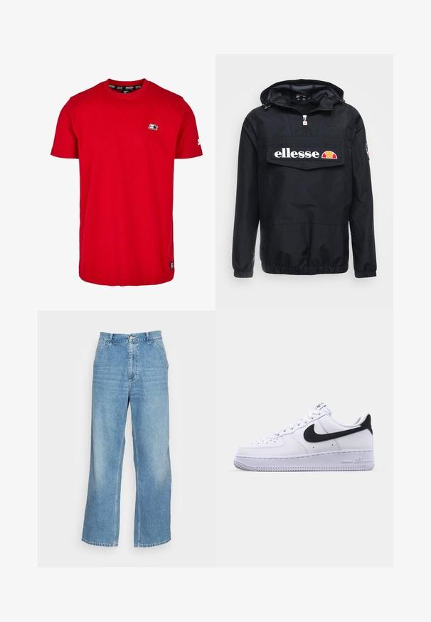 Zwarte windjack met capuchon, voorzien van een rits aan de voorkant en een grote zak. Het "ellesse" logo is prominent aanwezig. Elastische manchetten en zoom.; Rode katoenen t-shirt met een ronde hals, korte mouwen en een klein zwart logo op de linkerborst en mouw. Glad, effen kleurstof.; Lichtblauwe wijde jeans gemaakt van denim. Heeft een hoge taille, knoopsluiting en een standaard vijf-pocket ontwerp. Gladde textuur.; Witte leren sneaker met een gestructureerde zwarte Swoosh, platte veters en een rubberen zool met een geribbeld patroon. "AIR" is in de hak geperst.