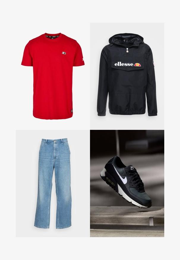 Sort vindjakke med hætte, med en frontlynlås og stor lomme. "ellesse"-logoet vises tydeligt. Elastiske manchetter og nederste kant.; Rød bomulds t-shirt med rund hals, korte ærmer og et lille sort logo på venstre bryst og ærme. Glat, ensfarvet stof.; Lyseblå bred ben jeans lavet af denim. Har en høj talje, knaplukning og standard fem-lomme design. Glat tekstur.; Sort og grå Nike Air Max sneaker med hvid swoosh, ophængt over en betongulv mod en sløret mørk baggrund.