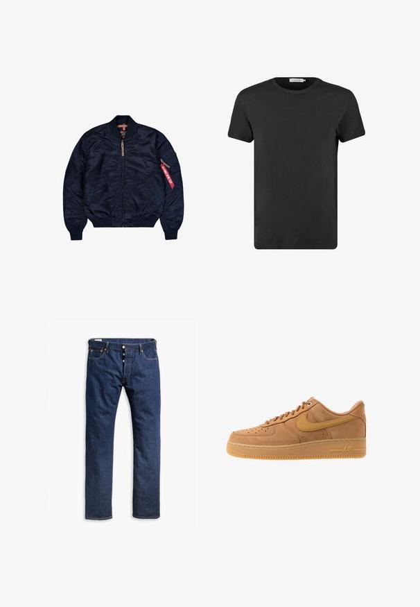 Veste bomber bleu marine avec fermeture éclair à l'avant, poignets et ourlet côtelés, deux poches avant et une poche zippée sur la manche avec une étiquette rouge.; T-shirt en coton noir avec un col rond et des manches courtes. Le tissu a une texture lisse et sans motifs ni accents. Coupe classique.; Jean en denim bleu foncé avec une coupe droite, des coutures contrastées, une fermeture à boutons et un style à cinq poches.; Nike Sportswear AIR FORCE 1 07 - Baskets basses - flax/wheat/light brown/black/team gold