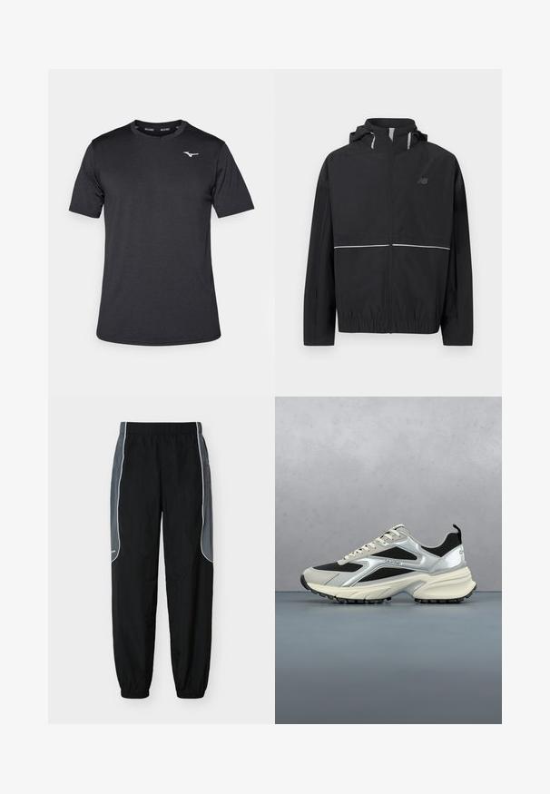 Veste zippée légère noire avec capuche, ourlet élastique, bandes réfléchissantes sur la poitrine et la capuche, et logo discret New Balance sur la poitrine gauche.; T-shirt de sport noir à manches courtes en tissu lisse, avec un col rond et un logo discret sur la poitrine.; Pantalon de survêtement noir avec des panneaux latéraux gris foncé et un liseré blanc, taille et poignets élastiques, présenté sur un fond blanc.; Baskets modernes Calvin Klein noires et argentées suspendues au-dessus d'un sol en carrelage de bois avec un arrière-plan extérieur flou.