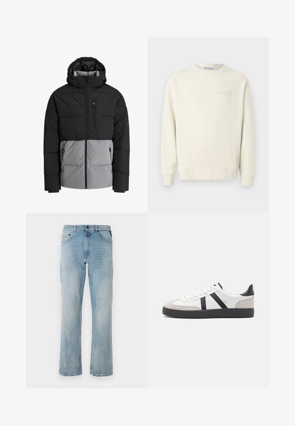 Doudoune noire et grise avec capuche, fermeture éclair intégrale à l'avant, poche poitrine et deux poches latérales zippées, présentée sur fond blanc.; Replay LOGO CREW NECK - Sweatshirt - natural rope; Jean en denim bleu clair à coupe décontractée, mettant en avant des détails légèrement usés et un design classique à cinq poches.; Baskets blanches avec des accents noirs et gris, présentant un embout texturé gris, une semelle en caoutchouc noir et des lacets plats blancs. Design épuré, style minimaliste.
