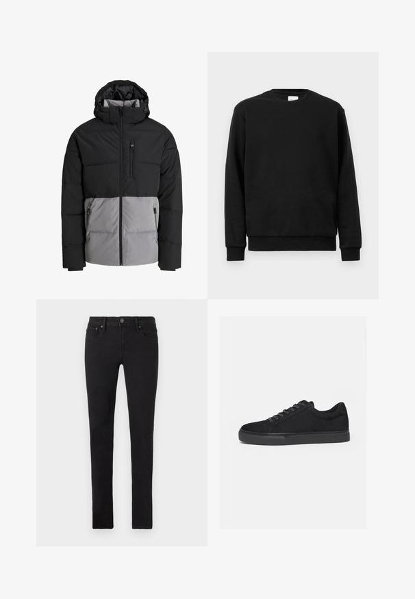 Zwarte en grijze donsjas met capuchon, volledige ritssluiting aan de voorkant, borstzak en twee zijzakken met ritssluiting, afgebeeld op een witte achtergrond.; Zwarte sweatshirt gemaakt van een katoenen mixstof; heeft een ronde hals, lange mouwen en ribgebreide manchetten en zoom voor een snug fit.; Zwarte slim-fit jeans met vijf zakken, knoopsluiting en riemlussen, plat weergegeven op een witte achtergrond.; Zwarte lage sneaker met veterluiting aan de voorkant en platte rubberen zool, zijaanzicht op een witte achtergrond.