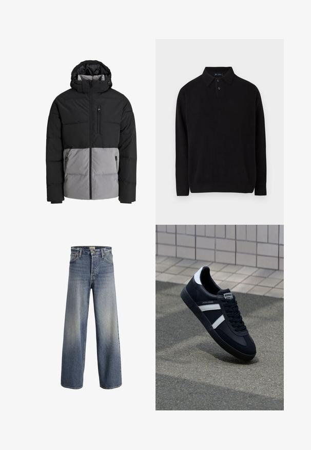 Schwarze und graue Steppjacke mit Kapuze, durchgehendem Frontreißverschluss, Brusttasche und zwei seitlichen Reißverschlusstaschen, auf weißem Hintergrund dargestellt.; Schwarzer Pullover mit Kragen, dreiknöpfiger Knopfleiste, gerippten Bündchen und Saum, aus einem weichen Strickmaterial.; Helle blaue Schlagjeans aus Denim. Sie verfügen über eine hohe Taille, einen Knopfverschluss und subtile Ausbleichungen mit einer glatten Textur und genähten Nähten.; Schwarze Leder-Sneaker mit weißen Streifen, strukturiertem Gummisohle und Schnürung. Verfügt über ein Markenetikett auf der Zunge.