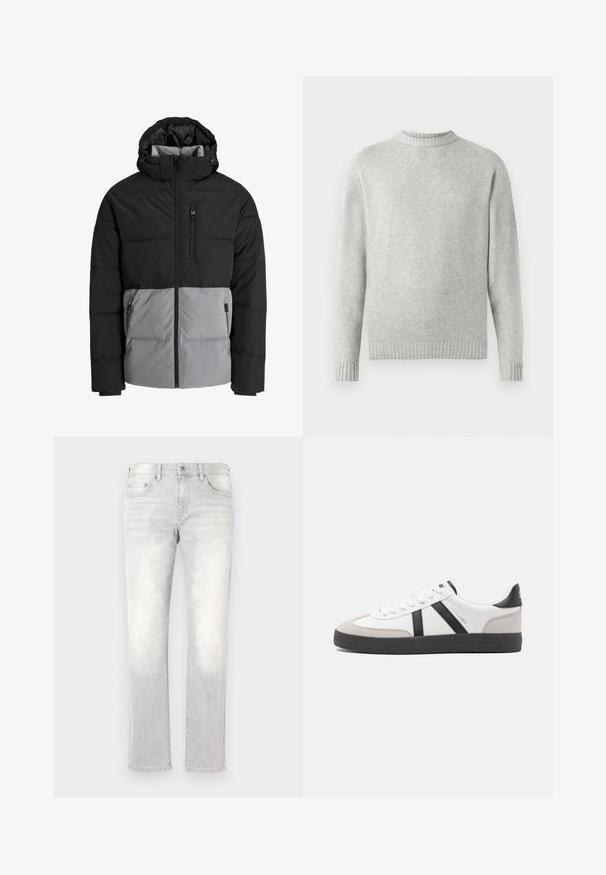 Schwarze und graue Steppjacke mit Kapuze, durchgehendem Frontreißverschluss, Brusttasche und zwei seitlichen Reißverschlusstaschen, auf weißem Hintergrund dargestellt.; Hellgrauer Pullover aus weichem Stoff, mit ribbeltem Rundhalsausschnitt sowie ribbelten Bündchen und Saum. Minimalistisches Design, lange Ärmel.; Helle graue Denim-Jeans mit geradem Schnitt, subtiler Ausbleichung, Fronttaschen und einer einzelnen Gesäßtasche. Klassischer Knopf- und Reißverschluss.; Weiße Sneaker mit schwarz- und grau-aczenten, ausgestattet mit einer strukturierten grauen Zehenkappe, schwarzer Gummi-Sohle und flachen weißen Schnürsenkeln. Sauberes Design, minimalistische Stil.