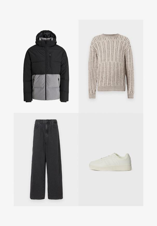 Doudoune noire et grise avec capuche, fermeture éclair intégrale à l'avant, poche poitrine et deux poches latérales zippées, présentée sur fond blanc.; Pull en beige avec texture, motif en côtes verticales, col rond et manches longues. Matière douce avec une coupe légèrement ample.; Pantalons en denim noir à taille haute, coupe large, avec une fermeture à bouton et zip à l'avant, dotés de poches latérales et d'une texture lisse.; Baskets blanches avec une texture en cuir lisse, design à lacets, détails perforés et trois rayures diagonales sur le côté. Semelle en caoutchouc.