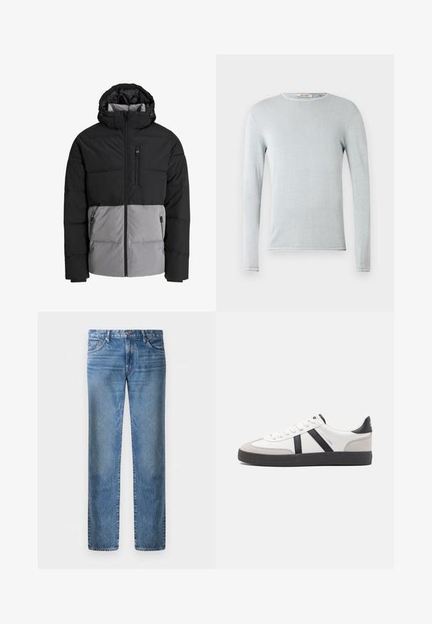Schwarze und graue Steppjacke mit Kapuze, durchgehendem Frontreißverschluss, Brusttasche und zwei seitlichen Reißverschlusstaschen, auf weißem Hintergrund dargestellt.; Hellblaues Langarmhemd aus weichem Stoff. Verfügt über einen Rundhalsausschnitt und saubere Kanten. Glatte Textur mit minimalen Designdetails.; Helle blaue Denim-Jeans im geraden Schnitt, fünf Taschen, Verschluss mit Metallknopf, verblasste Textur mit leichten Abnutzungsspuren an der Vorderseite.; Weiße Sneaker mit schwarz- und grau-aczenten, ausgestattet mit einer strukturierten grauen Zehenkappe, schwarzer Gummi-Sohle und flachen weißen Schnürsenkeln. Sauberes Design, minimalistische Stil.