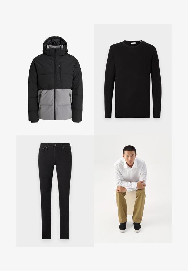 Schwarze und graue Steppjacke mit Kapuze, durchgehendem Frontreißverschluss, Brusttasche und zwei seitlichen Reißverschlusstaschen, auf weißem Hintergrund dargestellt.; Schwarzer Rundhalsausschnitt-Pullover, lange Ärmel, gestrickter Stoff, gerippte Bündchen und Saum, minimalistisches Design, glatte Textur, keine sichtbaren Muster.; Schwarze Slim-Fit-Jeans mit fünf Taschen, Knopfverschluss und Gürtelschlaufen, flach auf einem weißen Hintergrund präsentiert.; Junger Mann in weiß gestreiftem Hemd und khakifarbener Hose sitzt nach vorne gelehnt auf einem Hocker mit verschränkten Armen und schaut direkt geradeaus vor weißem Hintergrund.