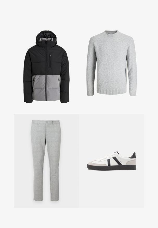 Doudoune noire et grise avec capuche, fermeture éclair intégrale à l'avant, poche poitrine et deux poches latérales zippées, présentée sur fond blanc.; Pull gris clair en maille avec motif losange, col rond, poignets et ourlet côtelés, manches longues, adapté par temps froid.; Pantalon de costume gris slim-fit en tissu texturé. Équipé d'une taille standard avec fermeture à bouton et poches latérales.; Baskets blanches avec des accents noirs et gris, présentant un embout texturé gris, une semelle en caoutchouc noir et des lacets plats blancs. Design épuré, style minimaliste.