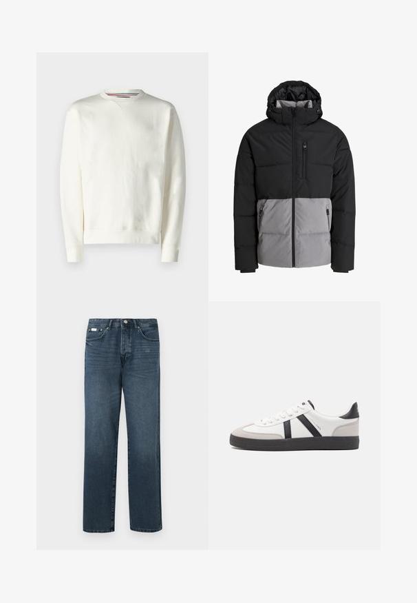 Doudoune noire et grise avec capuche, fermeture éclair intégrale à l'avant, poche poitrine et deux poches latérales zippées, présentée sur fond blanc.; Sweat-shirt blanc avec un col rond, des poignets côtelés et un léger détail de logo. Matière douce avec une texture lisse et un design minimaliste.; Jean en denim bleu foncé avec une coupe droite, cinq poches, passants de ceinture et fermeture à glissière. Texture lisse avec des détails de décoloration subtils.; Baskets blanches avec des accents noirs et gris, présentant un embout texturé gris, une semelle en caoutchouc noir et des lacets plats blancs. Design épuré, style minimaliste.
