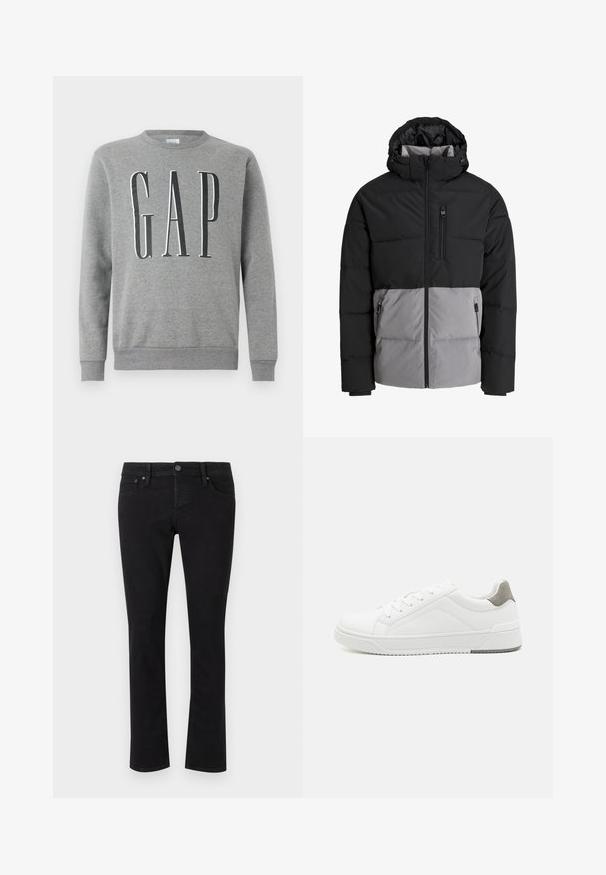 Schwarze und graue Steppjacke mit Kapuze, durchgehendem Frontreißverschluss, Brusttasche und zwei seitlichen Reißverschlusstaschen, auf weißem Hintergrund dargestellt.; Grauer Sweatshirt mit Rundhalsausschnitt, gerippten Bündchen und Saum, mit dem Wort "GAP" in großer schwarzer Schrift auf der Vorderseite. Weicher Stoff.; Schwarze Jeans aus Denim mit geradem Schnitt, Fünf-Taschen-Design, Metallknopfverschluss und minimaler Stickereidetails. Durchgehend glatte Textur.; Weißer Sneaker aus glattem Leder, runde Zehenpartie, minimalistisches Design, graue Fersenkante und strukturierte Gummisohle.