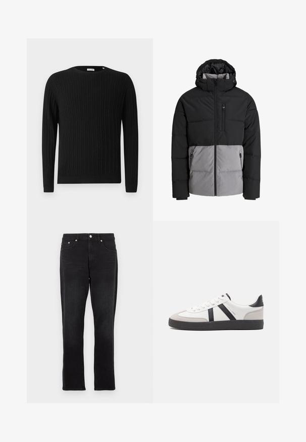 Doudoune noire et grise avec capuche, fermeture éclair intégrale à l'avant, poche poitrine et deux poches latérales zippées, présentée sur fond blanc.; Pull en maille noire avec des manches longues et un col rond. Présente un motif texturé ainsi que des poignets et un ourlet côtelés.; Jean en denim noir avec une coupe droite, doté de cinq poches, de garnitures argentées et d'une ceinture classique. Texture lisse et couleur unie.; Baskets blanches avec des accents noirs et gris, présentant un embout texturé gris, une semelle en caoutchouc noir et des lacets plats blancs. Design épuré, style minimaliste.