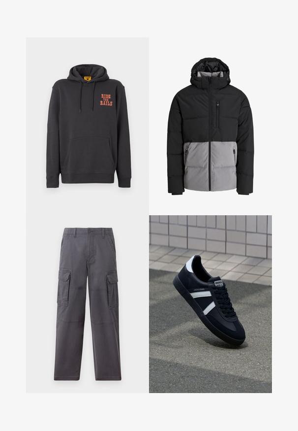 Schwarze und graue Steppjacke mit Kapuze, durchgehendem Frontreißverschluss, Brusttasche und zwei seitlichen Reißverschlusstaschen, auf weißem Hintergrund dargestellt.; Grauer Hoodie mit einer Kängurutasche, Kapuze mit Kordelzug und orangefarbigem "RIDE THE RAILS"-Text auf der Brust. Weicher Stoff mit glatter Textur.; Hollister Co. SKATER BAGGY - Cargohose - grey; Schwarze Leder-Sneaker mit weißen Streifen, strukturiertem Gummisohle und Schnürung. Verfügt über ein Markenetikett auf der Zunge.