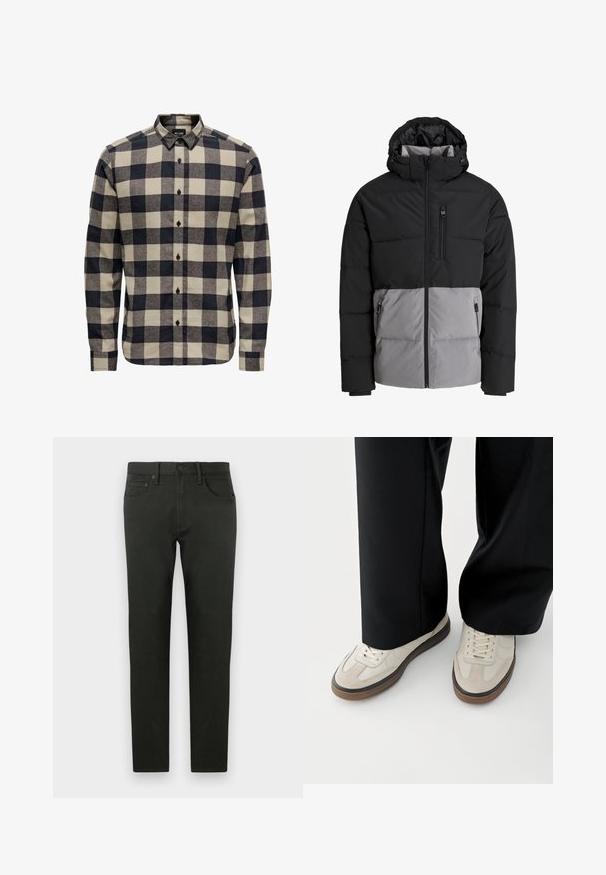 Sort og grå dunjakke med hætte, fuld lynlås foran, brystlomme og to sidelommer med lynlås, vist på hvid baggrund.; Herres flannelskjorte i sort og creme, med et klassisk ternet mønster, knap-for-krave og lange ærmer med knapmanchetter.; Mørkegrønne bomuldsbukser med slim fit. Har lige ben, forlommer og knaplukning. Glat tekstur, minimal dekoration.; Fødder iført beige sneakers med brune såler og sorte bukser med vide ben på hvid baggrund.