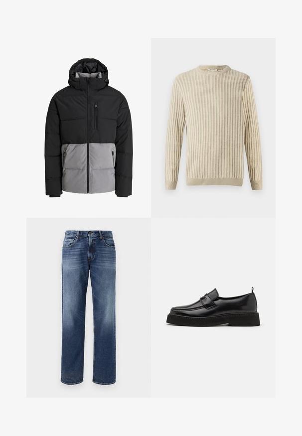 Čierna a sivá prešívaná bunda s kapucňou, úplný predný zips, náprsné vrecko a dve bočné vrecká na zips, zobrazovaná na bielom pozadí.; Only & Sons ONSBRANT CREW KNIT - Tričko s potlačou - beige; Pánske modré rifľové nohavice so strihom rovného nohavice, s ľahkým vyblednutím, piatimi vreckami a zapínaním na gombík.; Čierne kožené mokasíny s plochou, textúrovanou podrážkou, so šitým prstom a popruhom cez priehlavok.