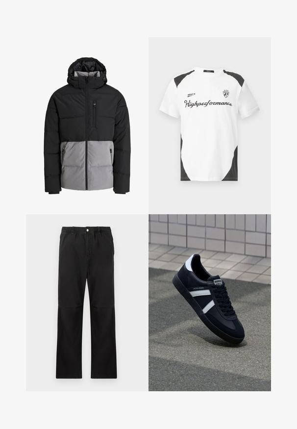 Chaqueta acolchada negra y gris con capucha, cremallera completa frontal, bolsillo en el pecho y dos bolsillos laterales con cremallera, mostrada sobre fondo blanco.; Camiseta blanca de manga corta con acentos negros. Lleva el logo "REPLAY FC" y el texto "Highperformance" en una fuente deportiva. Fabricada con un material suave.; Pantalones negros de algodón con una cintura elástica, que cuentan con un diseño de pierna recta, textura suave y sin acentos ni patrones visibles.; Zapatilla de cuero negra con rayas blancas, suela de goma texturizada y parte frontal con cordones. Cuenta con una etiqueta de marca en la lengüeta.