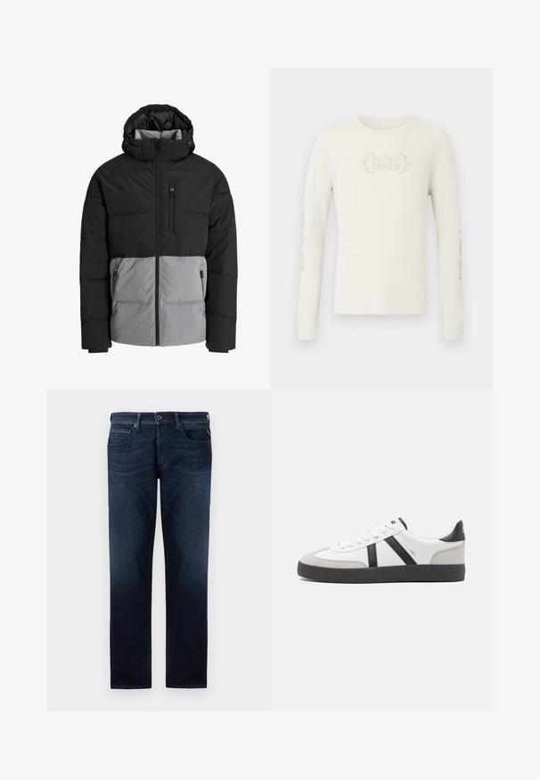 Schwarze und graue Steppjacke mit Kapuze, durchgehendem Frontreißverschluss, Brusttasche und zwei seitlichen Reißverschlusstaschen, auf weißem Hintergrund dargestellt.; Langärmeliges, cremefarbenes, geripptes T-Shirt mit der Stickerei "DODGE DEMON" auf der Vorderseite und Grafiken auf dem rechten Ärmel. Weiche Textur.; Dunkelblaue Jeans aus Denim mit geradem Bein, fünf Taschenstil und sichtbarem Knopfverschluss an der Taille. Glatte Textur.; Weiße Sneaker mit schwarz- und grau-aczenten, ausgestattet mit einer strukturierten grauen Zehenkappe, schwarzer Gummi-Sohle und flachen weißen Schnürsenkeln. Sauberes Design, minimalistische Stil.