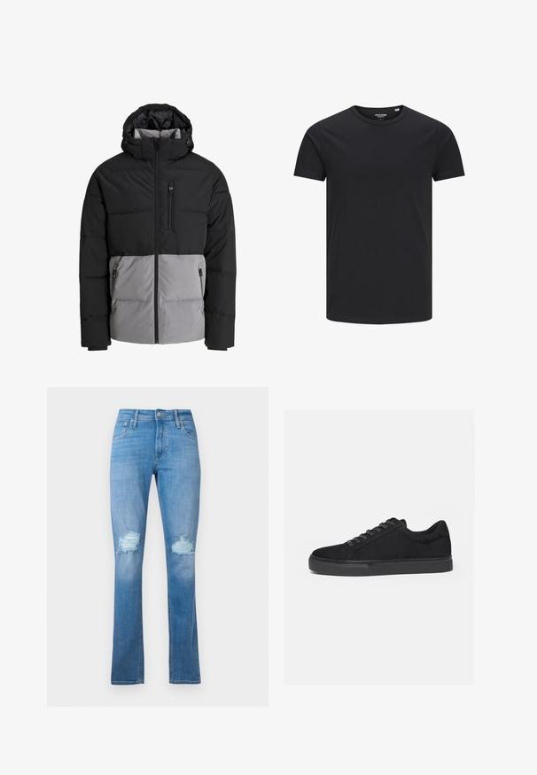 Sort og grå dunjakke med hætte, fuld lynlås foran, brystlomme og to sidelommer med lynlås, vist på hvid baggrund.; Sort bomulds T-shirt med rund hals, korte ærmer og et enkelt design. Glat tekstur, ingen mønstre eller synligt tilbehør.; Lyseblå denim jeans med lige ben, med slidte knæ med frynser og klassisk femlomme-design.; Sort lavtop sneaker med snørelukning foran og flad gummisål, vist fra siden på en hvid baggrund.
