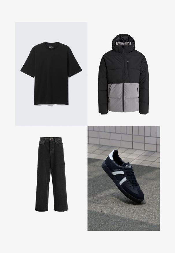 Doudoune noire et grise avec capuche, fermeture éclair intégrale à l'avant, poche poitrine et deux poches latérales zippées, présentée sur fond blanc.; T-shirt noir à manches courtes, coupe décontractée avec col rond, présenté à plat sur fond gris clair.; Jean noir à jambes larges en tissu denim. Présente une taille haute, deux poches avant, une fermeture à bouton et des détails de couture subtils.; Sneaker en cuir noir avec des rayures blanches, semelle en caoutchouc texturée et devant à lacets. Présente une étiquette de marque sur la languette.