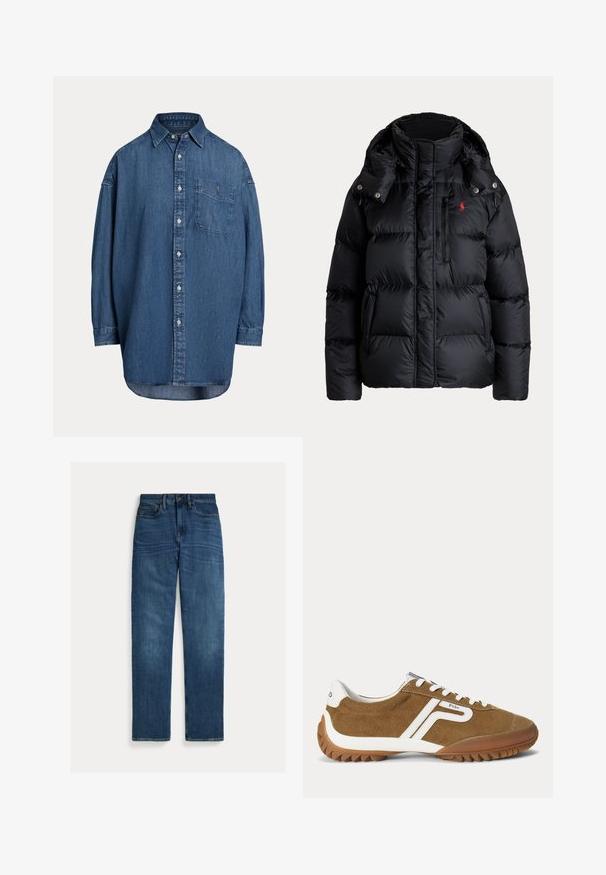 Schwarze gesteppte Daunenjacke mit hohem Kragen, abnehmbarer Kapuze, Frontreißverschluss, Seitentaschen, Brustreißverschlusstasche und rotem gesticktem Logo auf der Brust.; Dunkelblaue Denim-Knopfhemd. Mit einer Brusttasche, langen Ärmeln und einem lockeren Schnitt. Dezente Nähte entlang der Nähte.; Straight-leg blaue Denim-Jeans mit fünf Taschen, Knopfverschluss und subtilen Verwaschungen an Oberschenkeln und Knien, flach auf weißem Hintergrund gelegt.; Brauner Wildledersneaker mit weißen Akzenten, weißen Schnürsenkeln und "Polo" Branding an der Seite und Ferse, der das äußere Profil zeigt.
