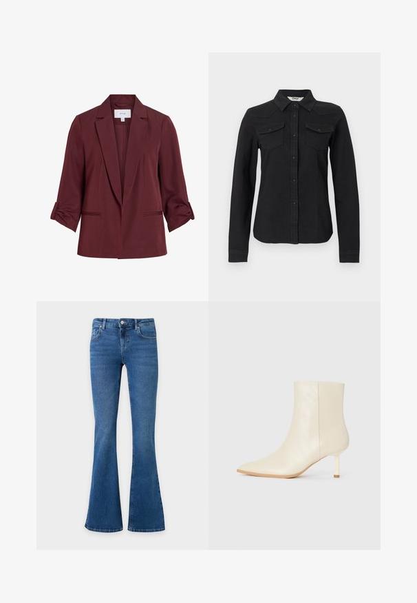 Blazer de mujer de color rojo oscuro con solapas con muesca, mangas tres cuartos remangadas y dos bolsillos delanteros ribeteados, mostrado sobre un fondo blanco.; Camisa negra de manga larga con botones, dos bolsillos con solapa en el pecho y cuello puntiagudo, de corte entallado sobre fondo blanco.; Vaqueros de mezclilla azul con pernera acampanada, cierre frontal con botón y cremallera, y bolsillos delanteros y traseros sobre un fondo liso.; Botín de tobillo color crema con punta afilada y tacón mediano esbelto, de textura suave, mostrado desde el lado externo sobre un fondo blanco.