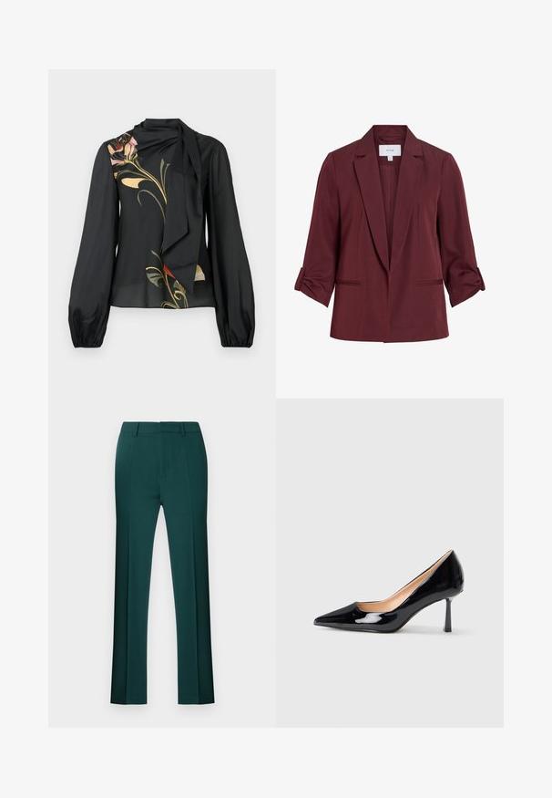 Donkerrode damesblazer met ingesneden revers, driekwart mouwen opgestroopt en twee voorste paspelzakken, weergegeven op een witte achtergrond.; Zwarte blouse met lange mouwen en een vloeiende nekband, voorzien van meerkleurige bloemmotieven in roze, geel en rood. Soepele textuur, lichtgewicht stof.; Donkere groene broek, gemaakt van gladde stof. Heeft een getailleerde pasvorm, een vlak voorpand en rechte pijpen met een nette zoom. Geen zichtbare patronen of accenten.; Zwarte gepatenteerde leren puntige hoge hak schoen met slanke mid-high stiletto hak op een witte achtergrond.