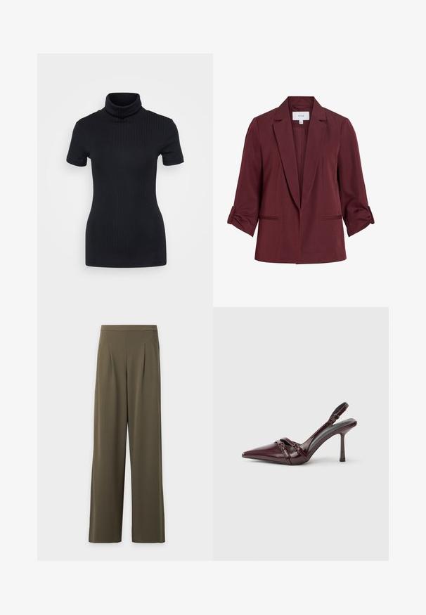 Mørkerød dames blazer med udskårne revers, trekvartlange ærmer rullet op og to forlommer, vist på hvid baggrund.; Sorte ribbede turtleneck top, korte ærmer, tætsiddende design, blød tekstur, minimale sømme og en høj krave.; Oliven grønne bukser med vide ben, høj talje, frontlægs og lige sømme, vist mod en ensfarvet hvid baggrund.; Bourgogne laklæder slingback-hæl med spids tå, tynd ankelrem og lille dekorativ spænde. Glat tekstur og høj hæl.