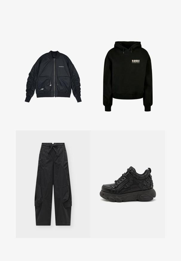 Veste bomber noire avec fermeture éclair à l'avant, manches et ourlet côtelés. Comprend deux poches avant, des manches froncées et des détails de logo en argent.; Haut à capuche court noir en coton doux. Comprend une capuche avec cordon de serrage et des poignets côtelés. Le design avant inclut le texte : "HAWAI E KOMO MAI."; Pantalon cargo noir avec taille élastique à cordon, nombreuses poches avant et latérales, et jambes droites et amples sur fond uni.; Baskets noires en cuir avec des appliqués floraux, dotées d'une semelle épaisse et d'un système de laçage pour un maintien sécurisé. Détails texturés sur l'ensemble.