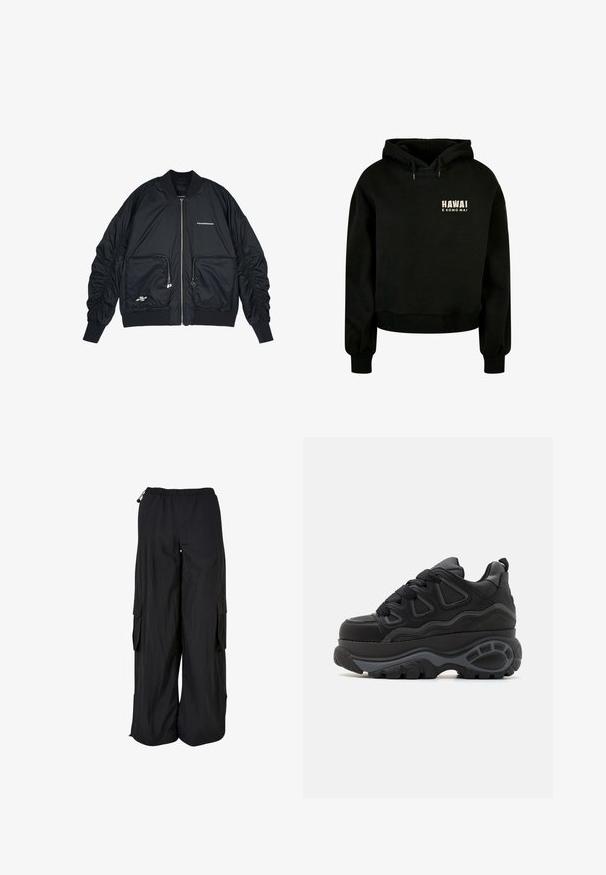 Sort bomberjakke med lynlås i front, ribbede manchetter og kant. Har to frontlommer, indsamlede ærmer og sølvlogo-detaljer.; Sort cropped hoodie lavet af blødt bomuldsstof. Har en justerbar hætte og ribbede manchetter. Frontdesignet inkluderer teksten: "HAWAI E KOMO MAI."; Svarte cargobukser med vidde ben, elastisk talje, sidelommer med klap og justerbare snore i talje og forneden.; Buffalo Skatesko - black
