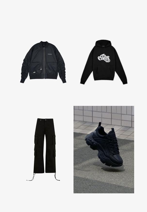 Schwarze Bomberjacke mit Reißverschluss vorne, gerippten Bündchen und Saum. Verfügt über zwei Fronttaschen, geraffte Ärmel und silberne Logo-Details.; Pegador PALUMA OVERSIZED HOODIE - Sweatshirt - black; Schwarze Cargo-Hosen mit einer lockeren Passform, ausgestattet mit Cargo-Taschen an den Seiten, Kordelzügen am Saum und einem Knopfverschluss an der Taille.; Schwarze Leder-Sneaker mit einem klobigen Design, ausgestattet mit einer dicken Sohle, strukturierten Einsätzen und schwarzen Schnürsenkeln. Schwebt über einem grauen Gehweg.