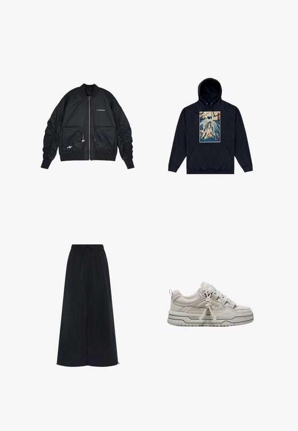 Zwarte bomberjack met een ritssluiting aan de voorkant, ribgebreide manchetten en zoom. Voorzien van twee voorkruinen, gathered mouwen en zilveren logo-details.; Zwarte hoodie met een centrale grafiek van een Japanse stijl illustratie van een figuur te midden van golven en wolken. Koordjes bij de capuchon.; Zwarte wijdvallende broek met een elastische tailleband en een verstelbaar trekkoord. Gemaakt van een lichte stof met een gladde textuur. Geen zichtbare patronen.; Lichtgrijze suède sneaker met een gewatteerde kraag, gestructureerde accenten, platte veters en een dikke rubberen zool met een patroon in het loopvlak.